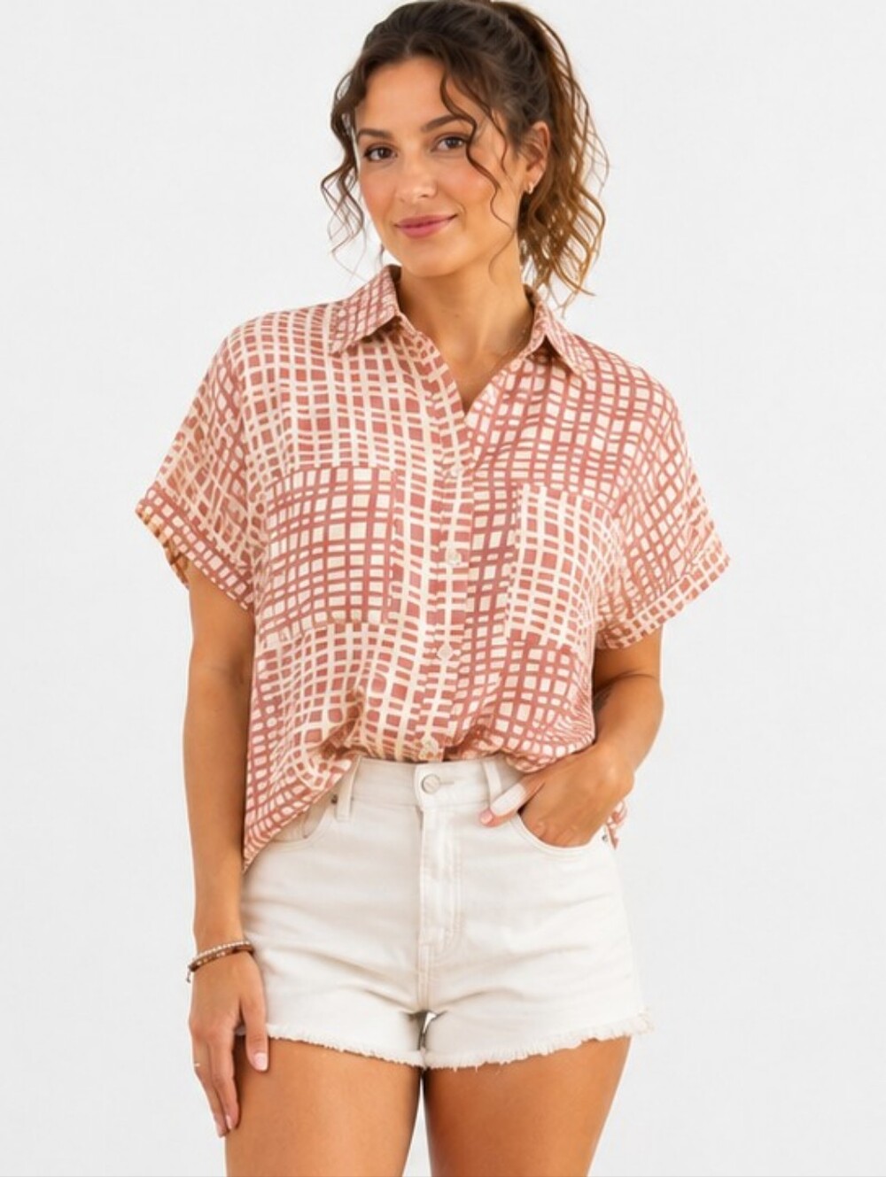 LuLaRoe Amy Salmon Pink Plaid Cottagecore Oversized Rayon Button Up Blouse XXS